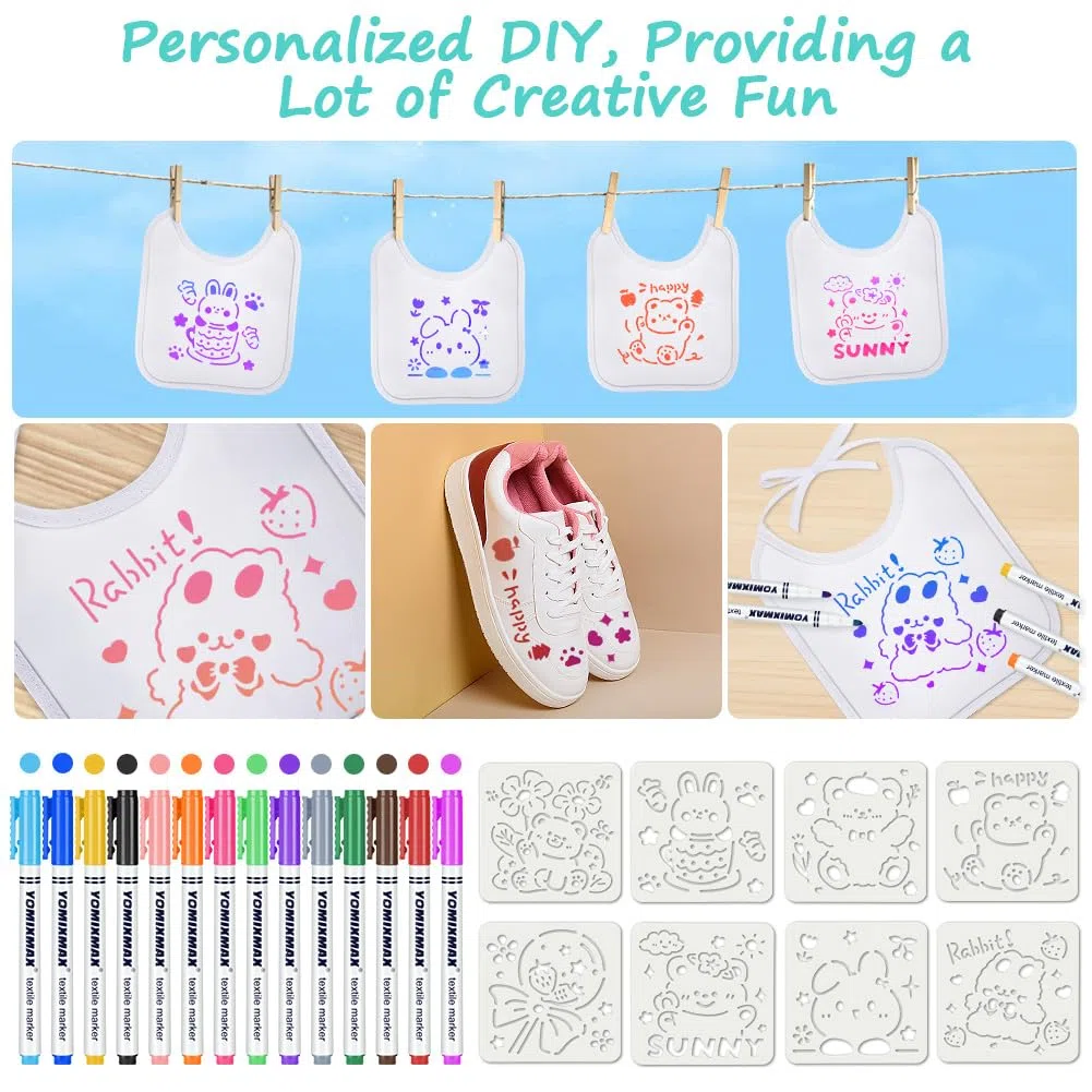 Aolso Baberos para pintar – Juego de 14 piezas, impermeables, color blanco, 14 bolígrafos y 8 plantillas, babero (20 x 24 cm)