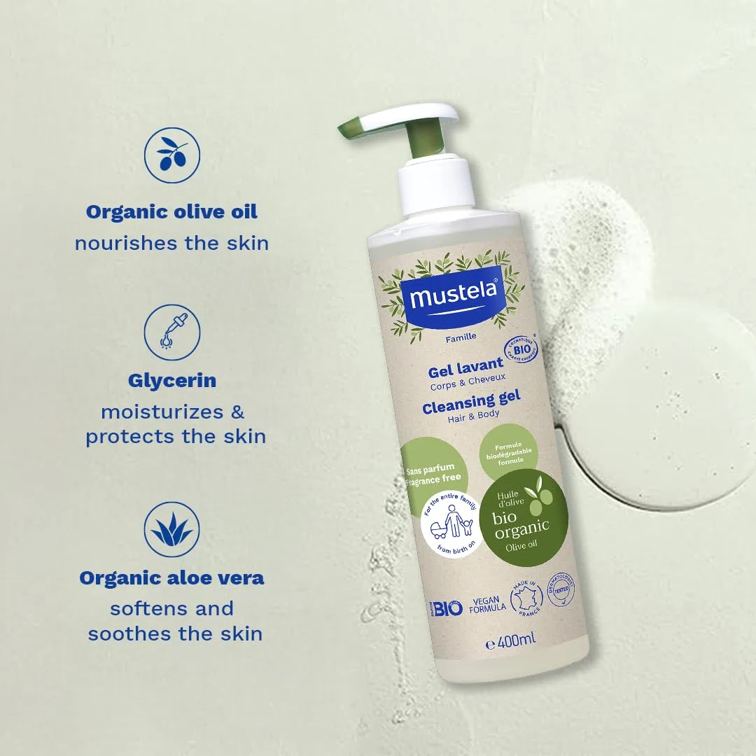 Mustela Gel Limpiador Bio Vegano con Aceite de Oliva, Aloe Vera y Glicerina, Cuerpo y Cabello, Bebé, Toda la Familia - Limpia suavemente sin resecar, 99% Ingredientes de Origen Natural (400ml)