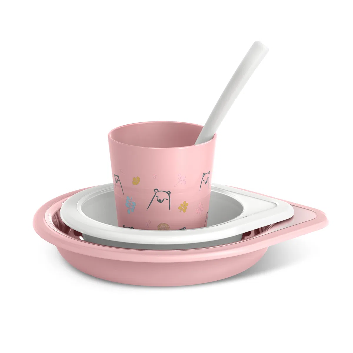 Suavinex, Vajilla para Bebés, Set de Platos de Aprendizaje, +6 Meses, Vajilla Infantil Apta Para Lavavajillas y Microondas. Incluye: Vaso + Plato Llano + Bol + Cuchara. Bears Rosa