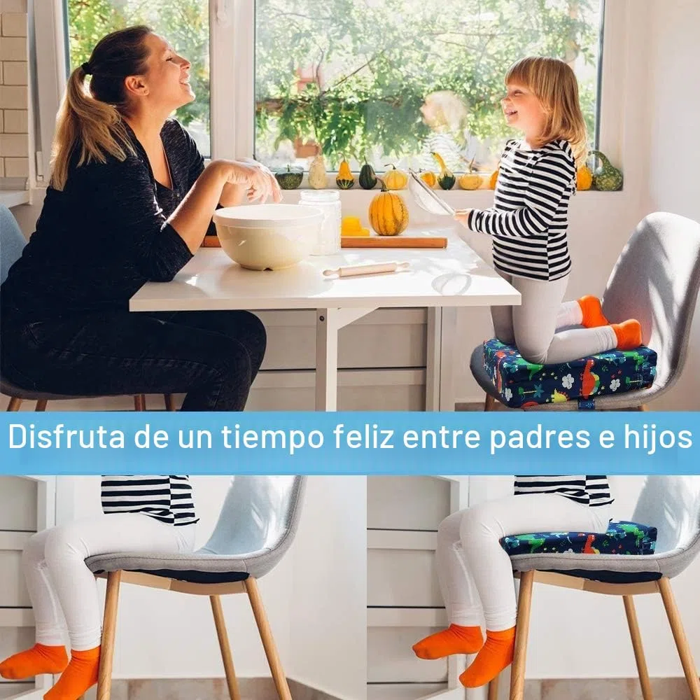 Asiento elevador para niños pequeños – PU lavable creciente cojín 4 correas hebilla de seguridad asiento elevador para mesa de comedor, viaje portátil (dinosaurio azul)
