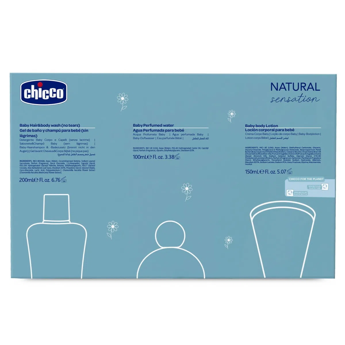 Chicco Set Cosmética Natural Sensation Essential, con Champú y Gel Sin Lágrimas 200 ml y Crema Corporal para niños 150 ml y Agua de Colonia 100 ml, Idea de Regalo Bebé