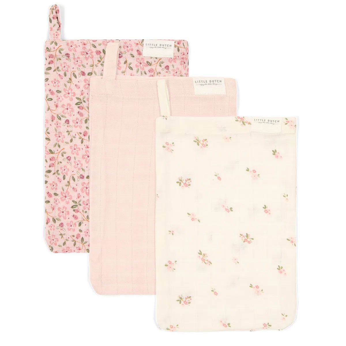 Little Dutch Juego de 3 manoplas de muselina para bebé y niños, color rosa