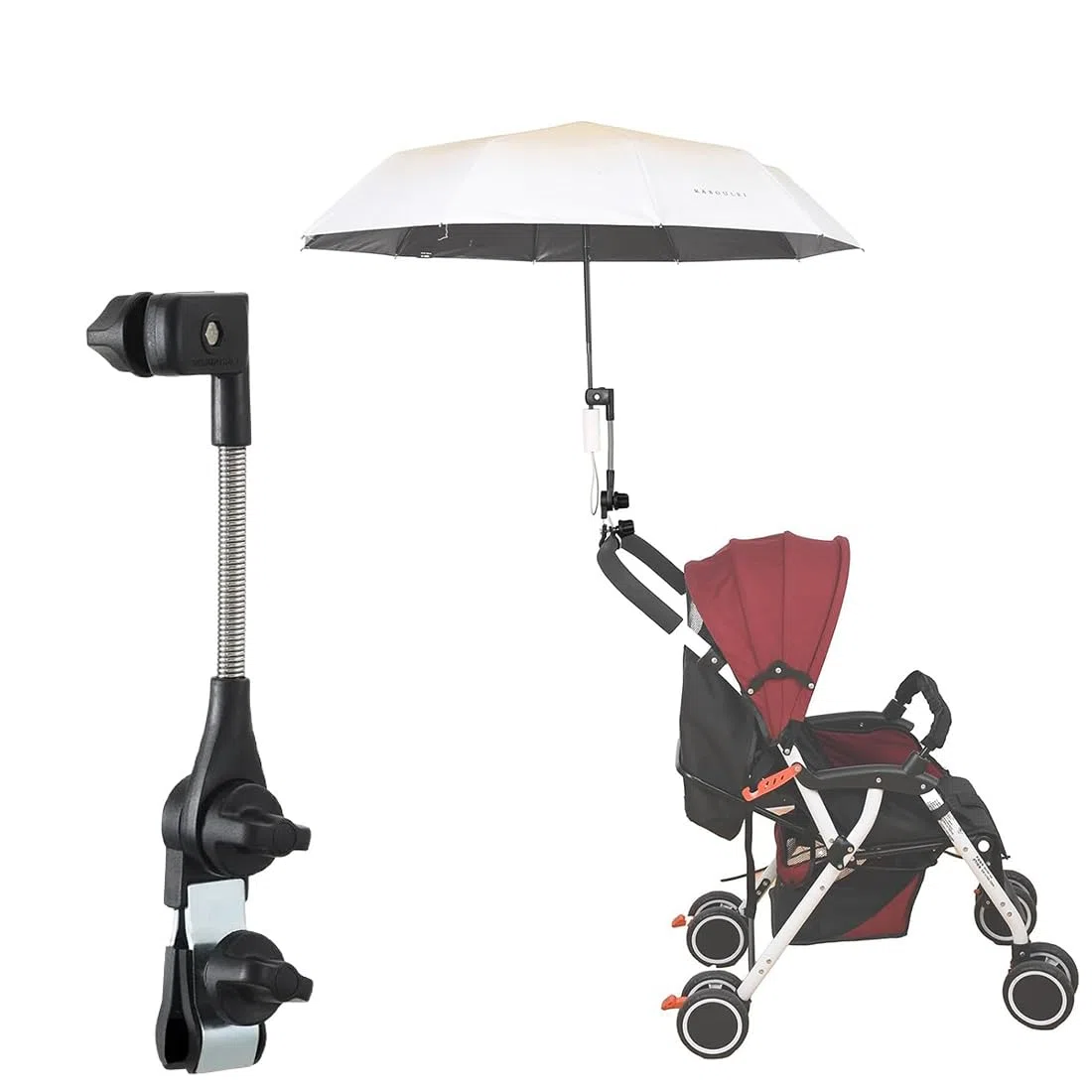 Soporte para paraguas para cochecito, clip de conector de paraguas al manillar, abrazadera universal ajustable de 360 grados para carrito de golf, Apto para la mayoría de los paraguas