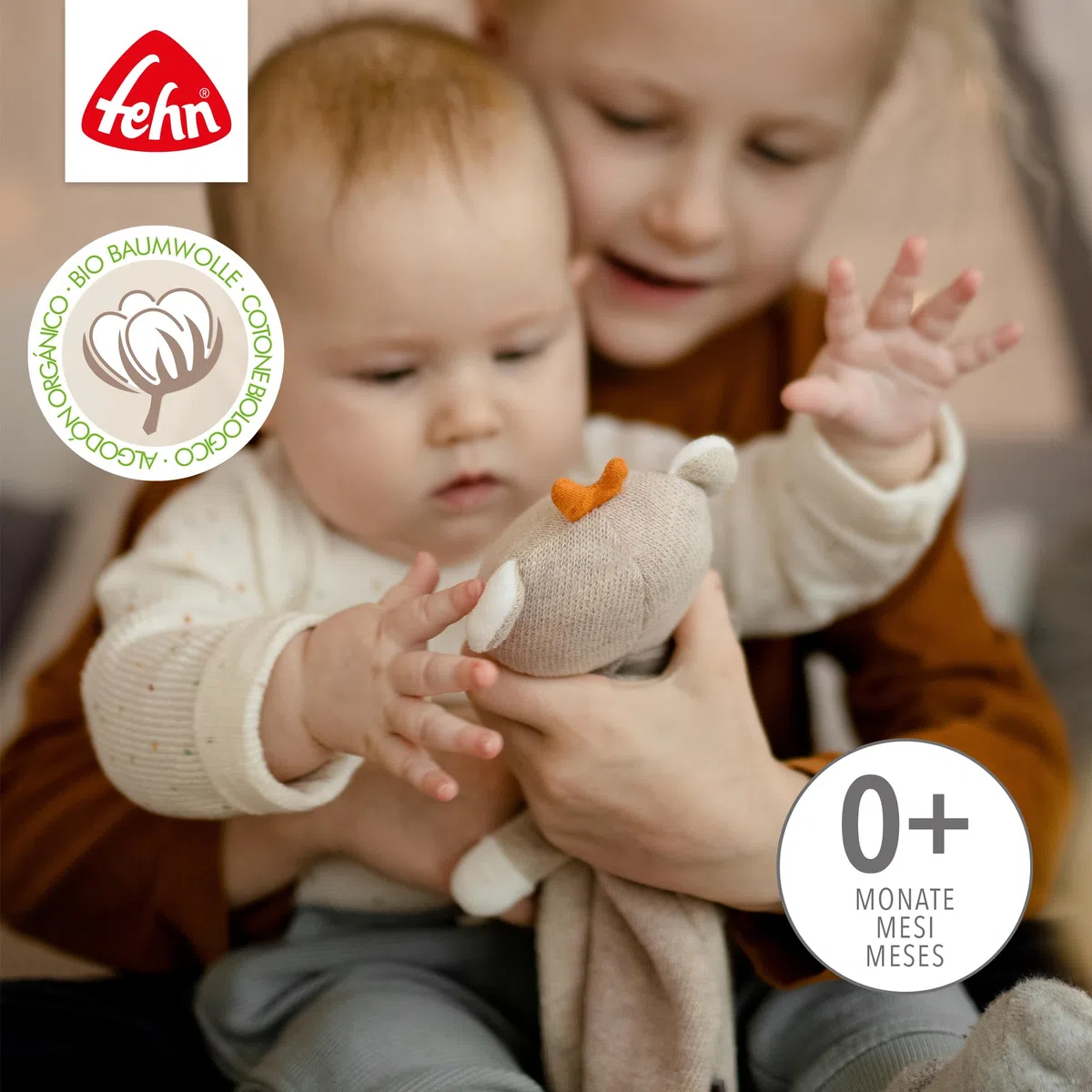 Fehn 052053 Schmusetuch Teddy fehnNATUR–Spielkamerad&Stofftier-Schnuffeltuch aus zertifizierter Bio-Baumwolle(KBA) aus nachwachsenden Rohstoffen mit Schnuller-Befestigung für Babys&Kleinkinder, Braun