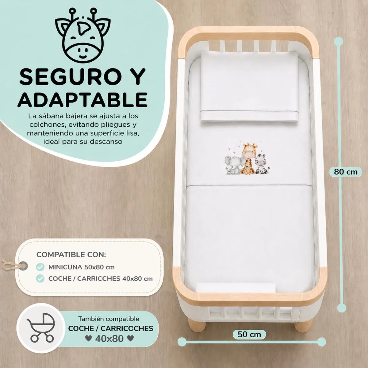 Sabanas Minicuna 50x80 100% Algodon Transpirables Lavables con Sabana Bajera Ajustable para Recien Nacidos Textil Suave Descanso Bebes + Encimera y Funda Almohada Jirafa Gris Primavera Verano Otoño