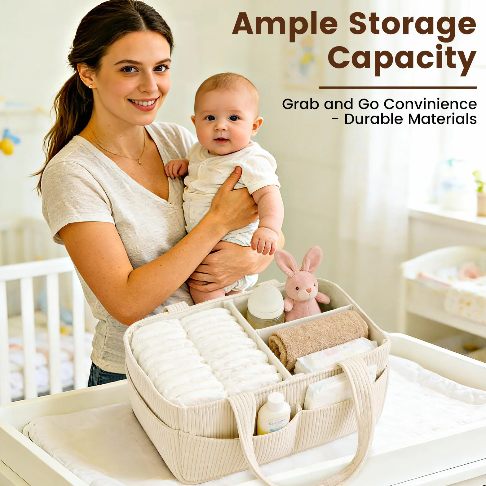Cesta Organizadora BeBe, Organizador Pañales, Cesta para Accesorios de Bebé, Canastilla de Bebé, Cesta Cambiador Bebes para Viaje, con Compartimentos Desmontables, para Hogar, Coche, Viaje