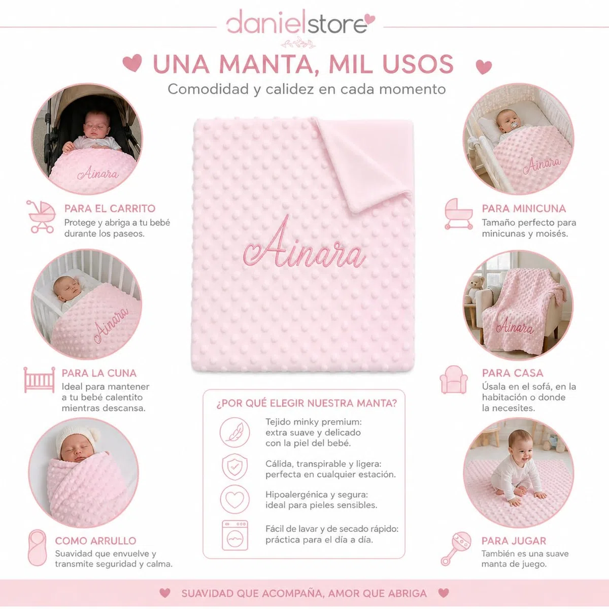 Danielstore Manta Bebé Personalizada Bordada 80x110 cm – Manta Minky Topitos Extra Suave para Cuna, Minicuna y Carrito – Arrullo para Recién Nacido – Regalo Baby Shower