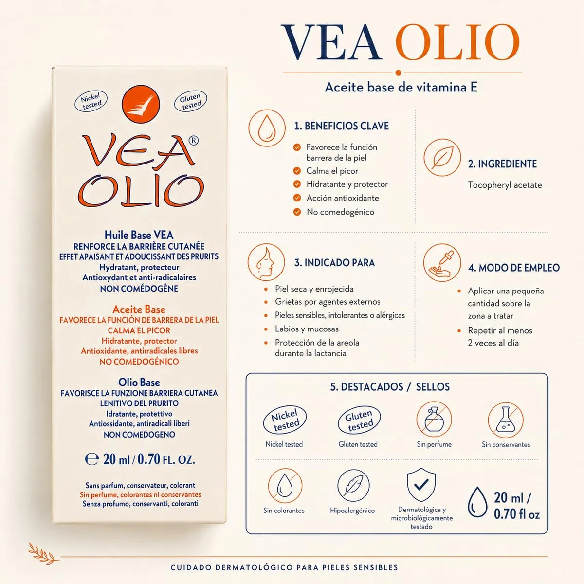 VEA Olio Aceite Base - Pack Ahorro 2 x 20ml - 100% Vitamina E Pura - Aceite Hidratante y Reparador para Piel Seca, Sensible y Agrietada - Cuidado del Pezón en la Lactancia - Sin Conservantes