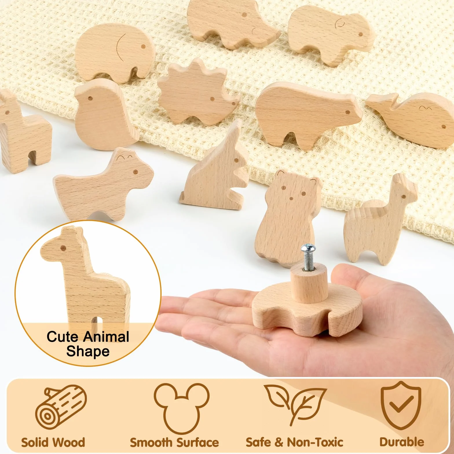 12 PCS Tiradores Cajones, Pomos y Tiradores Infantiles Madera, Pomos de Armario con Tornillos, Tiradores de Madera para Cajones, Armarios, Cómodas, Bebe Habitacion