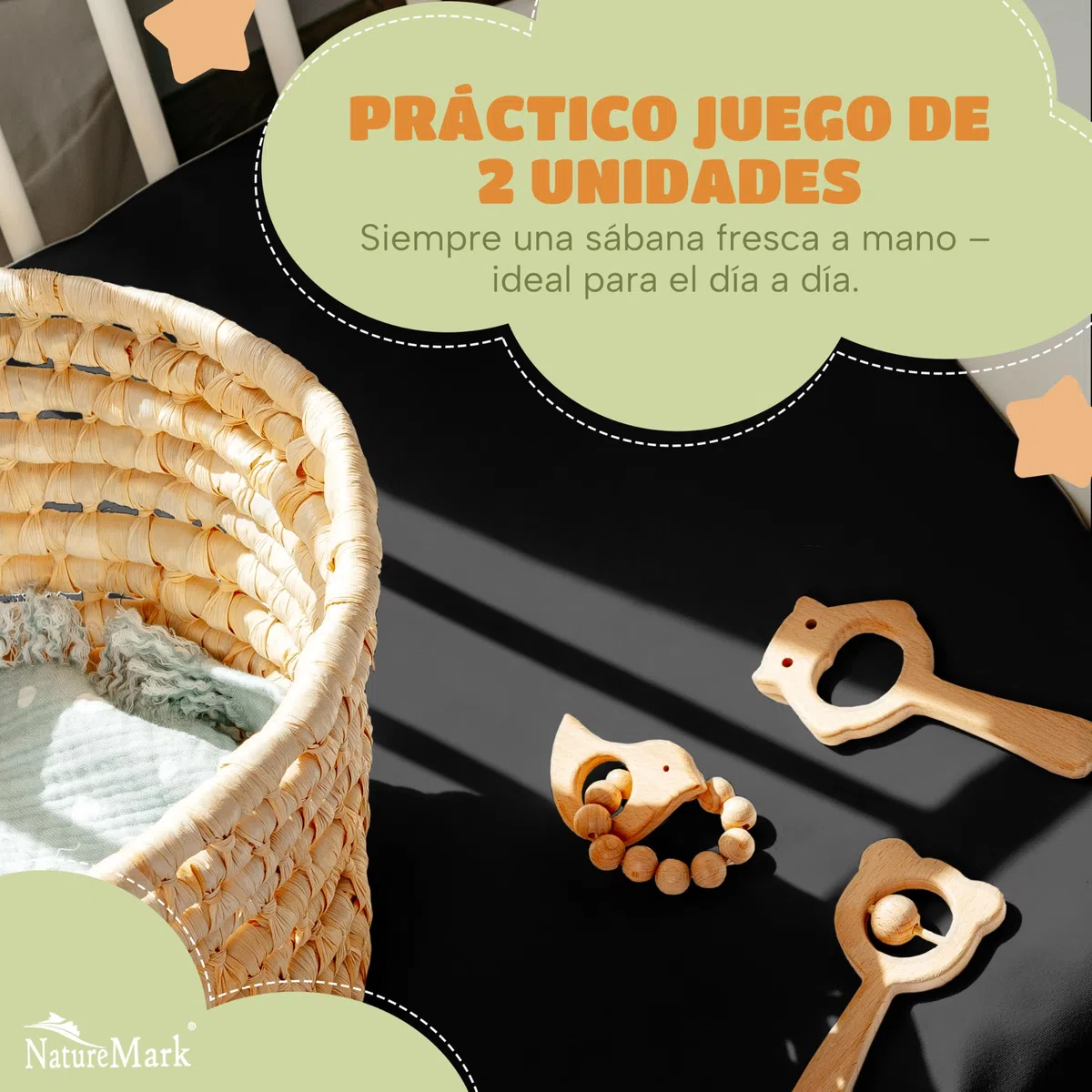 NatureMark Juego de 2 sábanas bajeras ajustables para niños, 100% algodón, para cuna y cuna, 70 x 140 cm, color negro