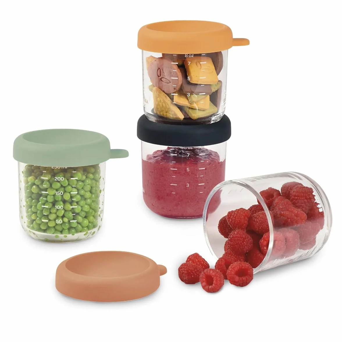 BÉABA, Lote de 4 Tarros de Conservación para Bebé, Porciones en Cristal, Resistente al calor, Recipientes para guardar la comida de Bebé, Con indicador de cantidad, 250 ml, Sunrise