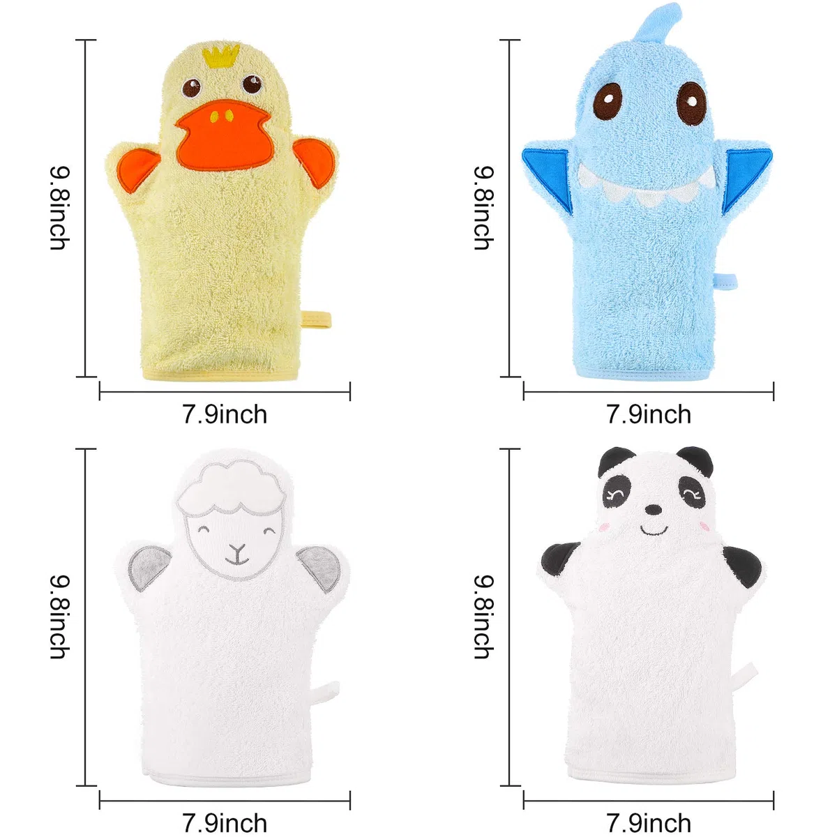 Shappy 4 Piezas Guantes de Baño de Bebé Guantes de Paño Diseñado en Bonito Estilo Animal Lindo Toalla de Algodón Exfoliante Suave de Oveja Panda Tiburón Pato Amarillo para Bebé Niños Baño y Ducha