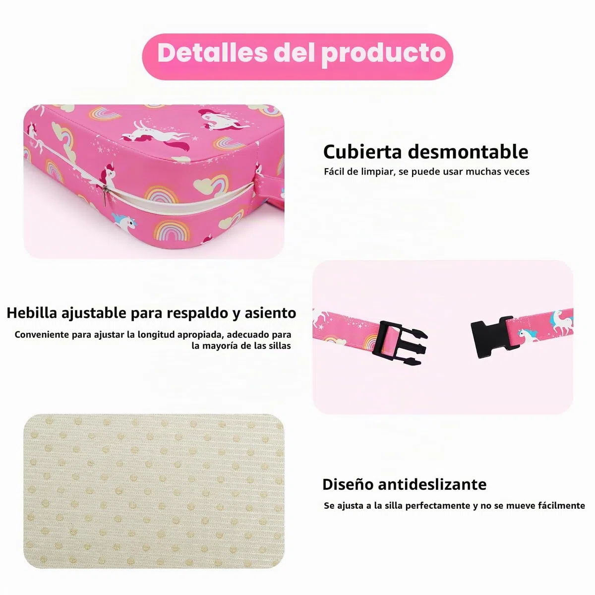 Alzador Elevador Silla para Niños Comer Lavable para Bebé, Base Antideslizante con 2 Correas Ajustables Asiento Elevador 32 x 32 x 32 cm - Unicornio