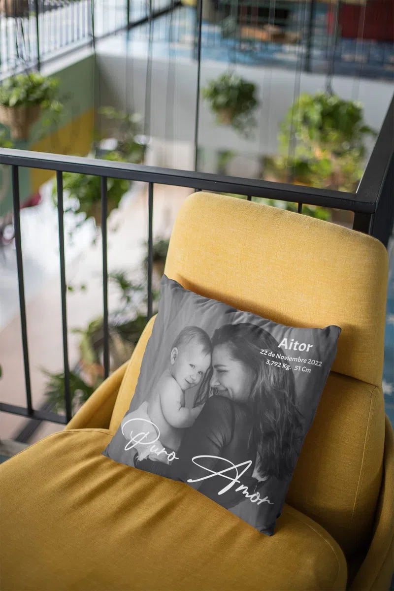 Cojín Nacimiento Personalizado Puro Amor Frente y Dorso con Foto del bebé y Datos. NIÑAS-NIÑOS, Regalo Original – Cojín Natalicio para recién Nacidos – Bautizo - Regalo Original.