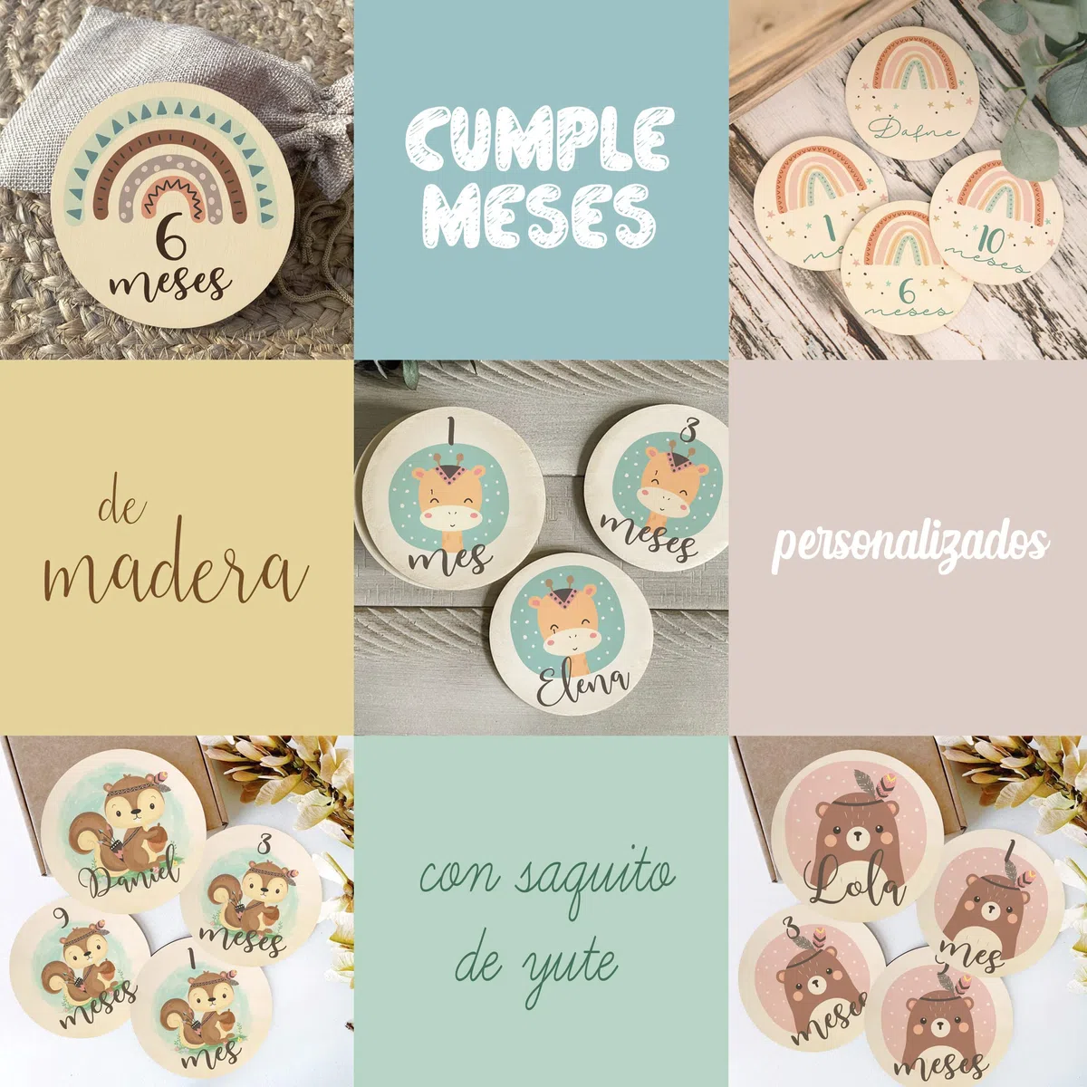 Placas cumple meses de nacimiento impresas en discos de madera personalizadas con nombre para regalo de bebes recien nacidos hitos mensuales de madera (Oceano Verde Agua)
