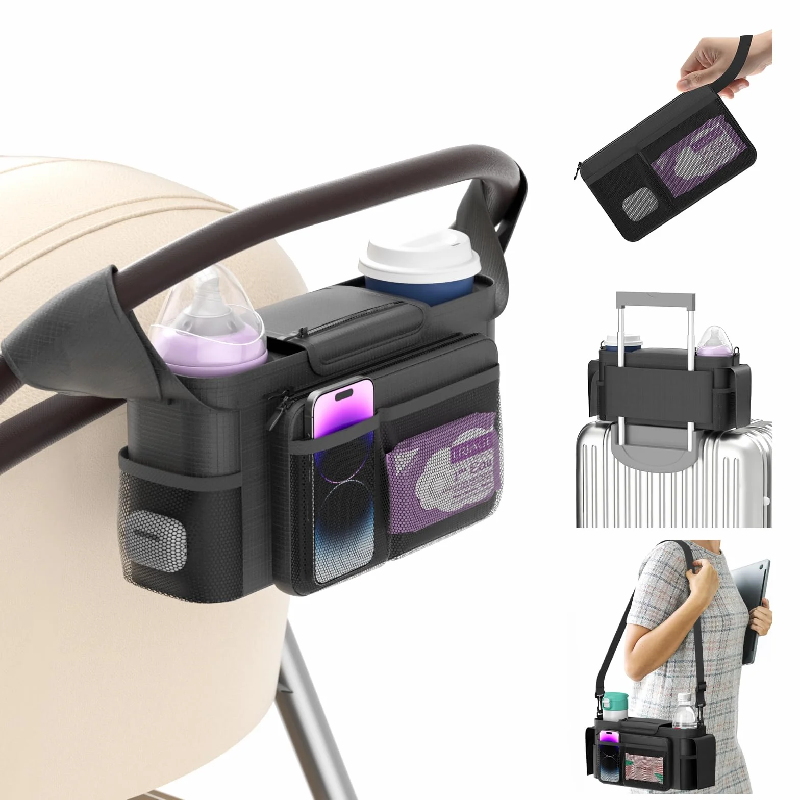 KDD Bolso Carro Bebé con Portavasos Aislado, Bolsa Carro Bebé con Bolsillo de Cremallera Desmontable y Correa de Hombro Ajustable, Bolso Organizador para Silla de Paseo para Cochecitos, Bugaboo, Doona