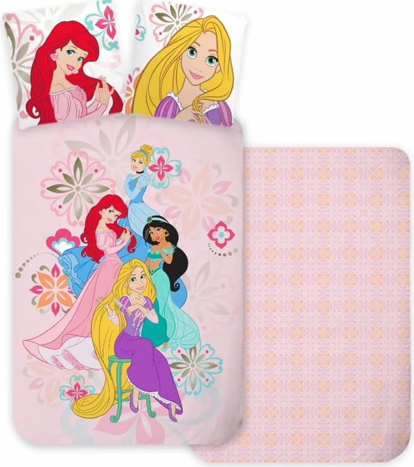 Princesas Disney Funda Nórdica Bebé 100x135 + Funda Almohada 40x60 Algodón | Ropa de cama bebé reversible | Algodón natural suave transpirable | Ariel Jasmine Cenicienta Disney | 0-3 | Idea regalo
