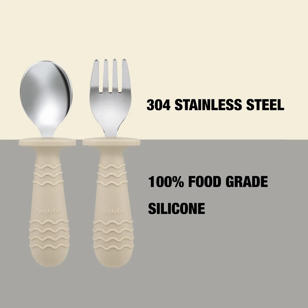 PandaEar Set de 2 Platos de Acero Inoxidable con Ventosa para Bebé y Set de 2 Cucharas y Tenedores, Utensilios para Bebé, Platos Divididos para Alimentación Autónoma, Sin BPA (Beige/Nogal)