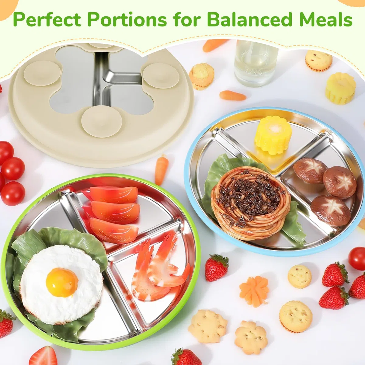 Set de 3 Plato acero Inoxidable Bebe con Ventosa, Irrompible Plato Dividido Antideslizante para Tronas, funda de silicona extraíble Utensilios para Bebé, sin BPA, apto para lavavajillas