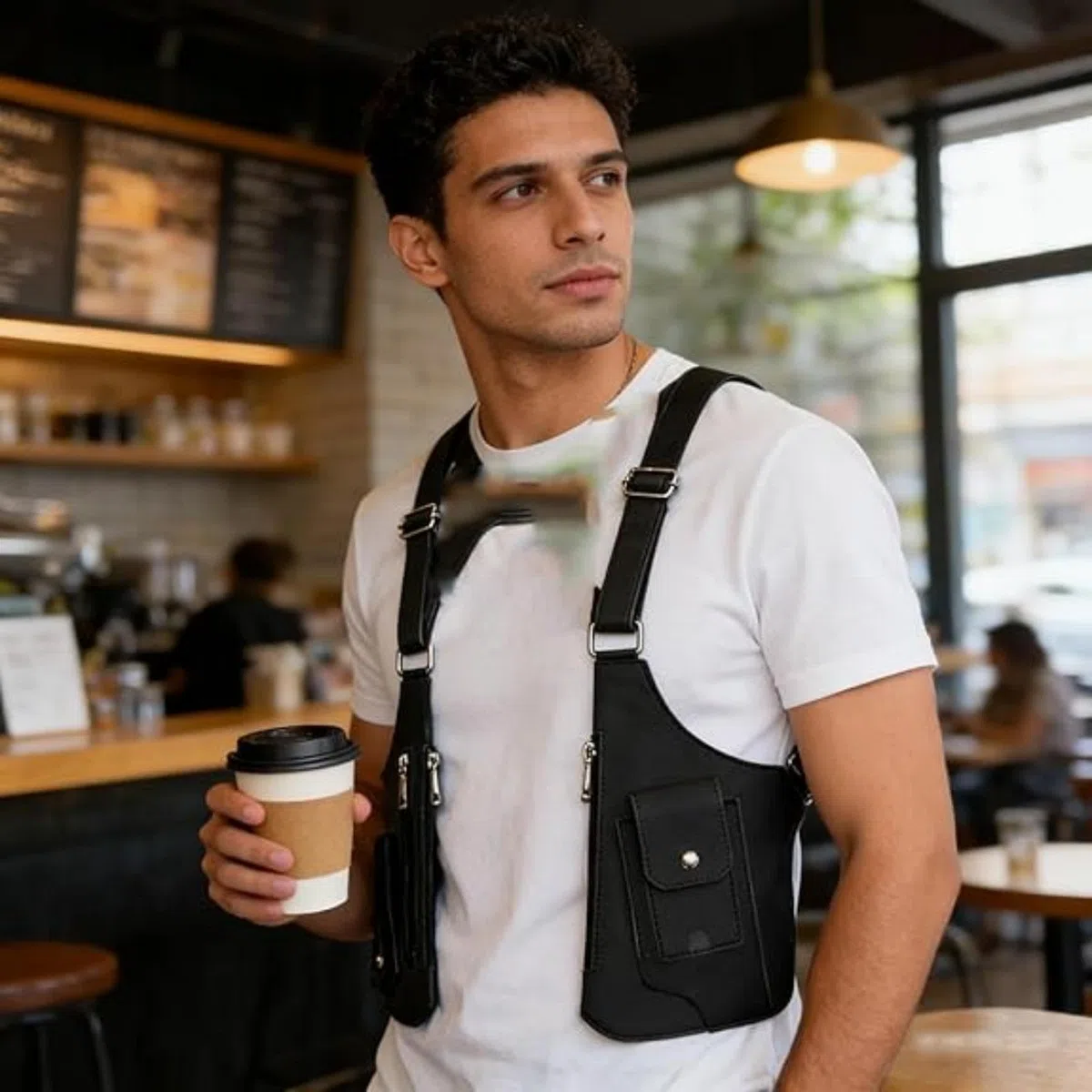 Bolso bandolera hombre de cuero sintético – sling bag multifuncional con doble hombro oculto y diseño antirrobo. Correa ajustable, múltiples compartimentos, ideal para viajes, deporte y uso diario
