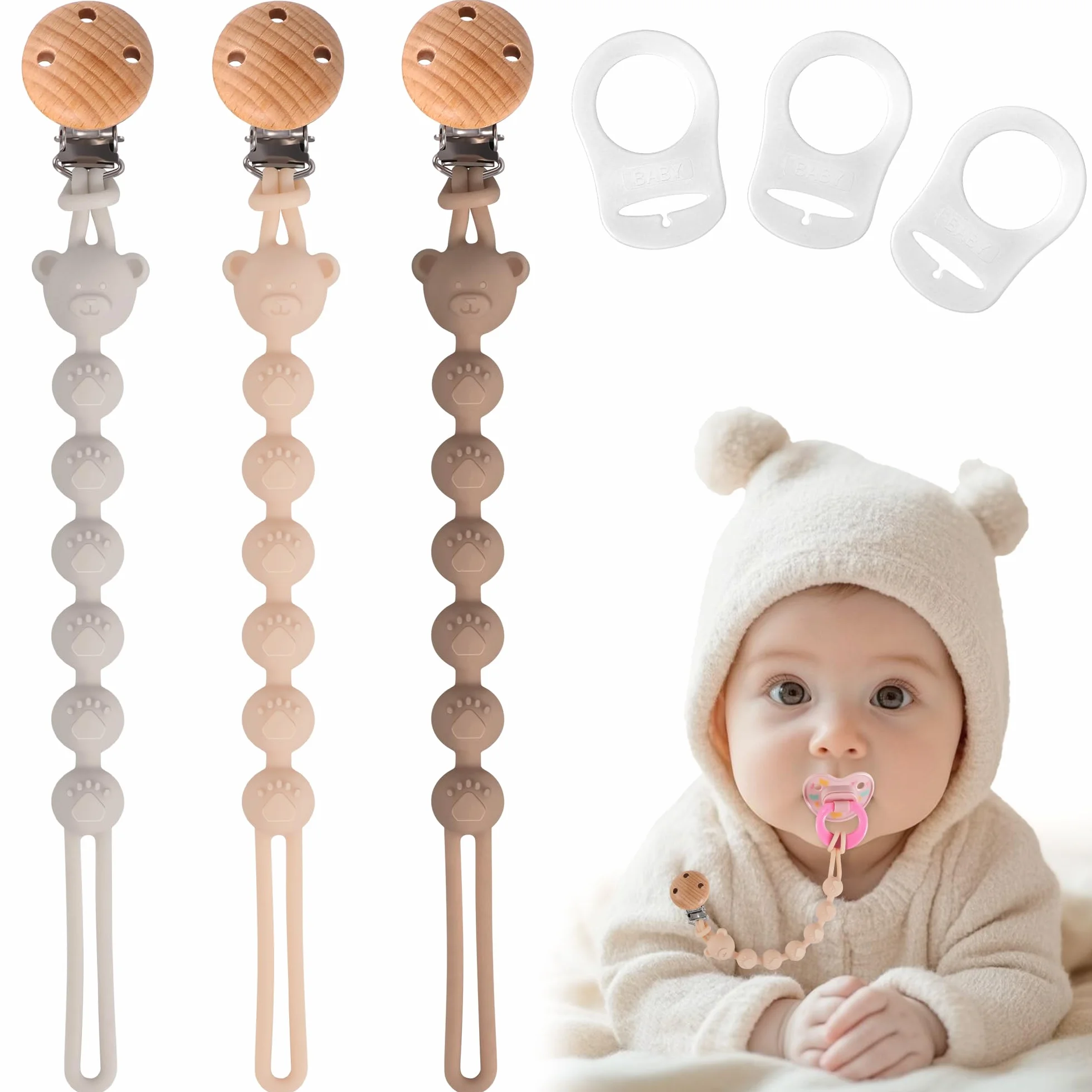 Pack de 3 Cadena Chupete Bebe de Silicona, Porta Chupetes Bebe de Una Sola Pieza para Niñas y Niños, Chupetero Sin BPA, Flexible y Robustez (Crema Marrón Gris)
