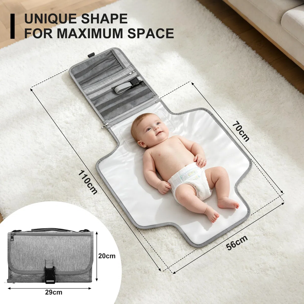 VINATO Cambiador Bebé Portátil, Cambiador Bebe Plegablee con Bolsillo Toallitas Húmedas, 70 x 56 cm, con 5 Bolsillos, Diseño Desmontable, Impermeable y Lavable para Viajes (Gris)