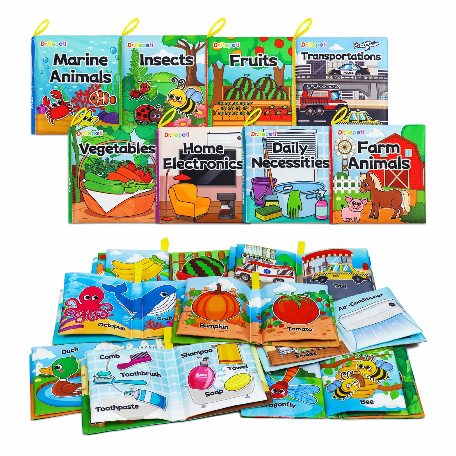 Dr.Rapeti 8 Piezas Libros Blandos para Bebé, Libro de Tela Suave, Libros de Tela Blandos para Bebé, Libros De Suave Sensoriales (Inglés)