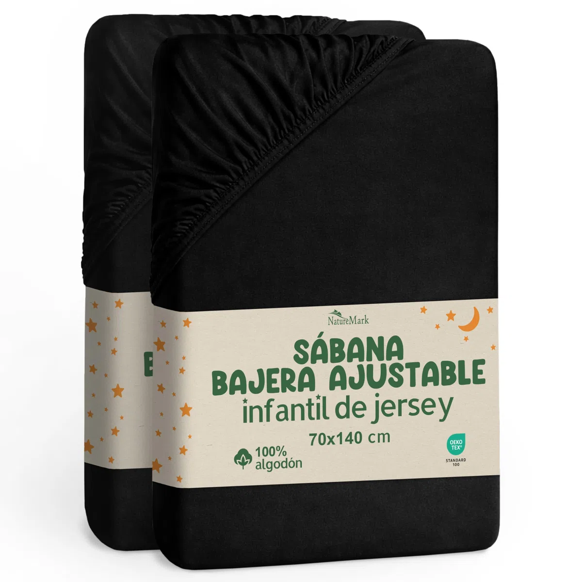 NatureMark Juego de 2 sábanas bajeras ajustables para niños, 100% algodón, para cuna y cuna, 70 x 140 cm, color negro
