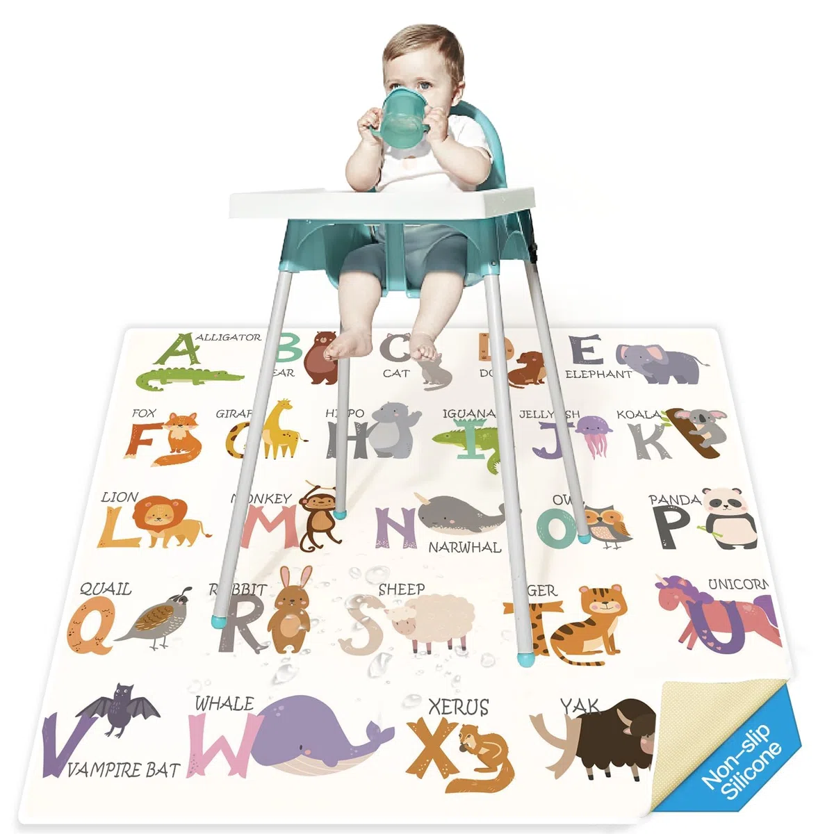 Bebé Alta Silla Alfombrilla, 130x130cm Alfombra de Juego Para Niños, Splat Mat Antideslizante y Plegable, Impermeable alfombrilla reutilizable Picnic Manteles, Cubierta protectora de mesa