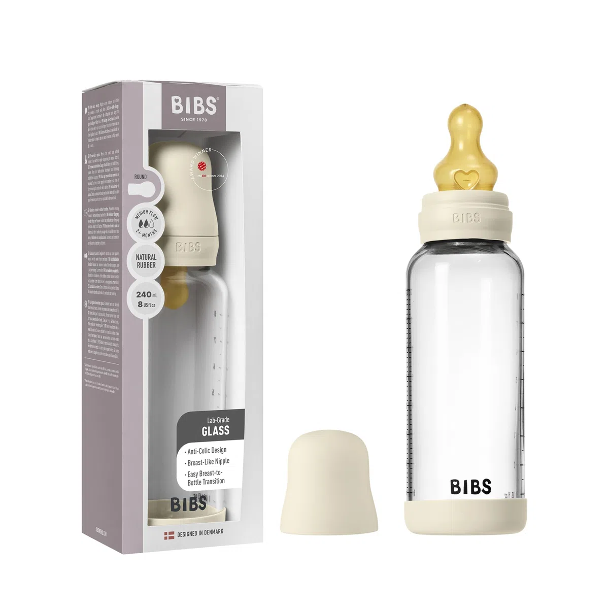 BIBS Baby Glass Bottle. Anticólicos. Tetina redonda de látex de caucho natural. Favorece la lactancia natural, 240ml, Complete Set - Ivory
