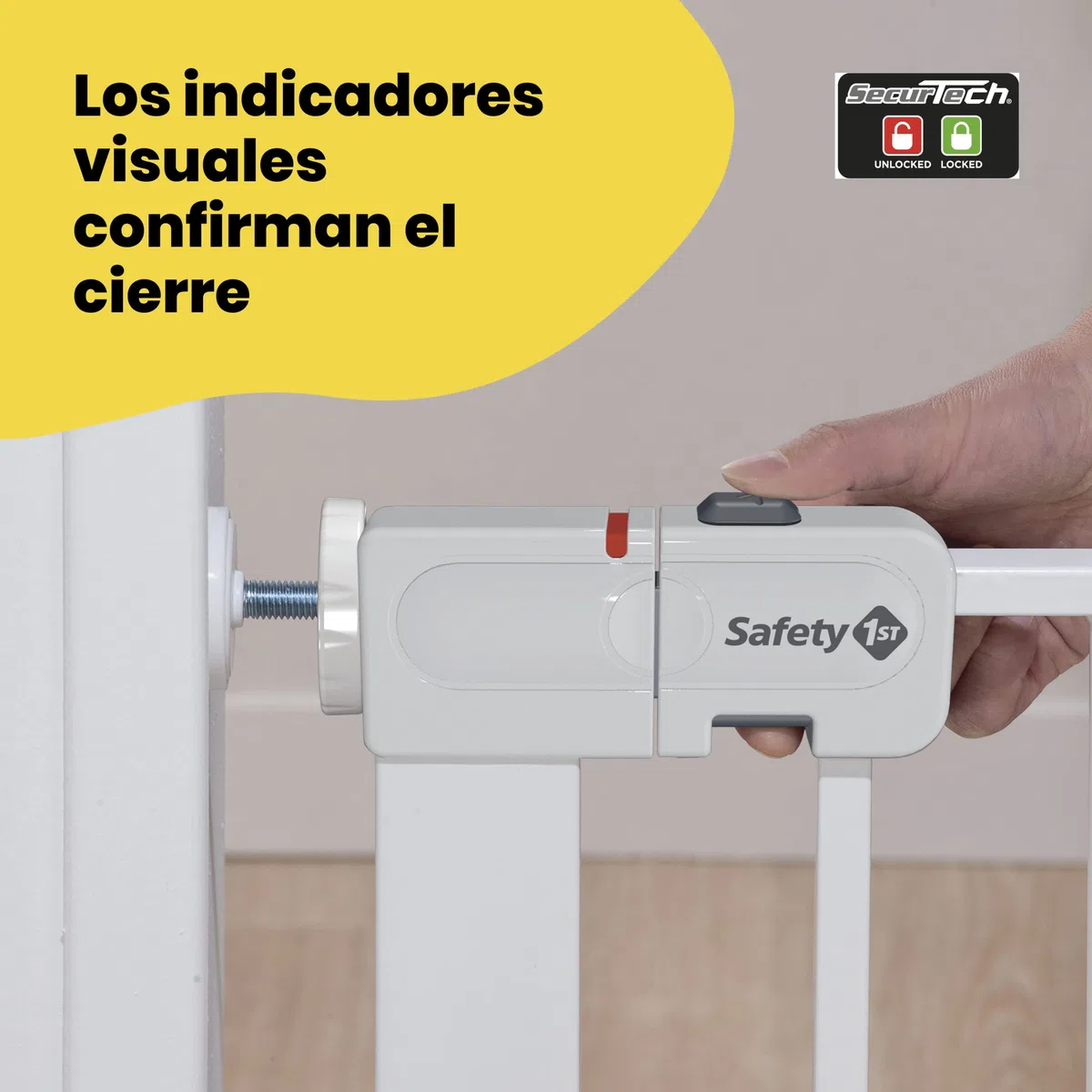 Safety 1st Auto Close, Barrera Seguridad Niños Escalera a Presión, 73–80cm (máx. 136cm), Valla Seguridad Infantil Automática, Apertura Una Mano, Sin Tornillos (Sin Taladros), Doble Bloqueo, Blanca