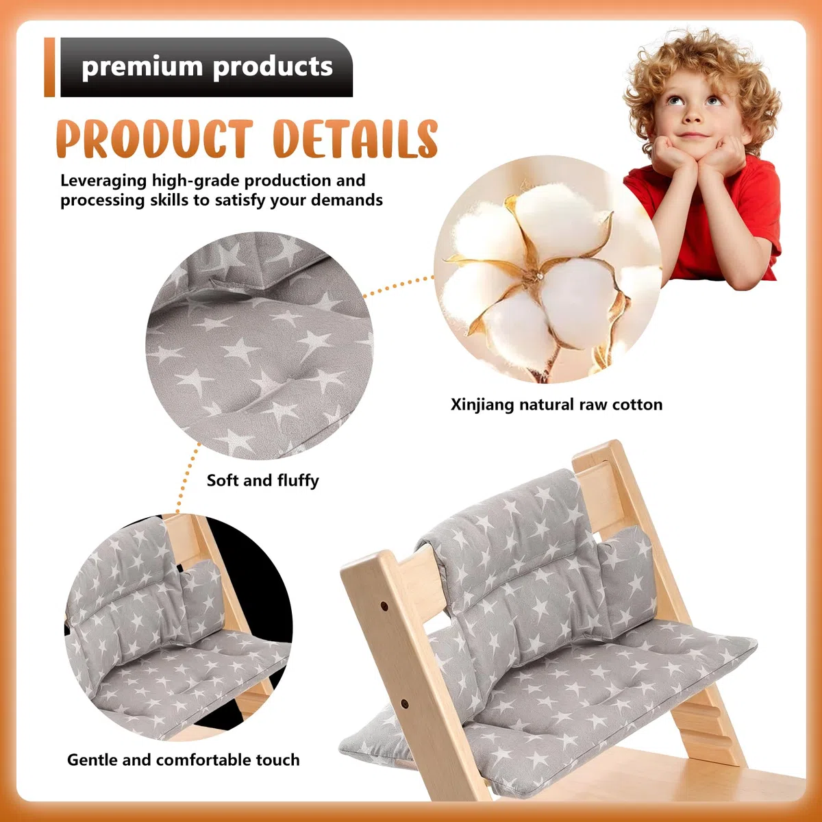 Cojín de asiento GOEDCH para trona Stokke Tripp Trapp: Cojín para trona Stokke Tripp Trapp con cierre de velcro suave y cojín de asiento extraíble de algodón orgánico suave (gris, pentagrama).