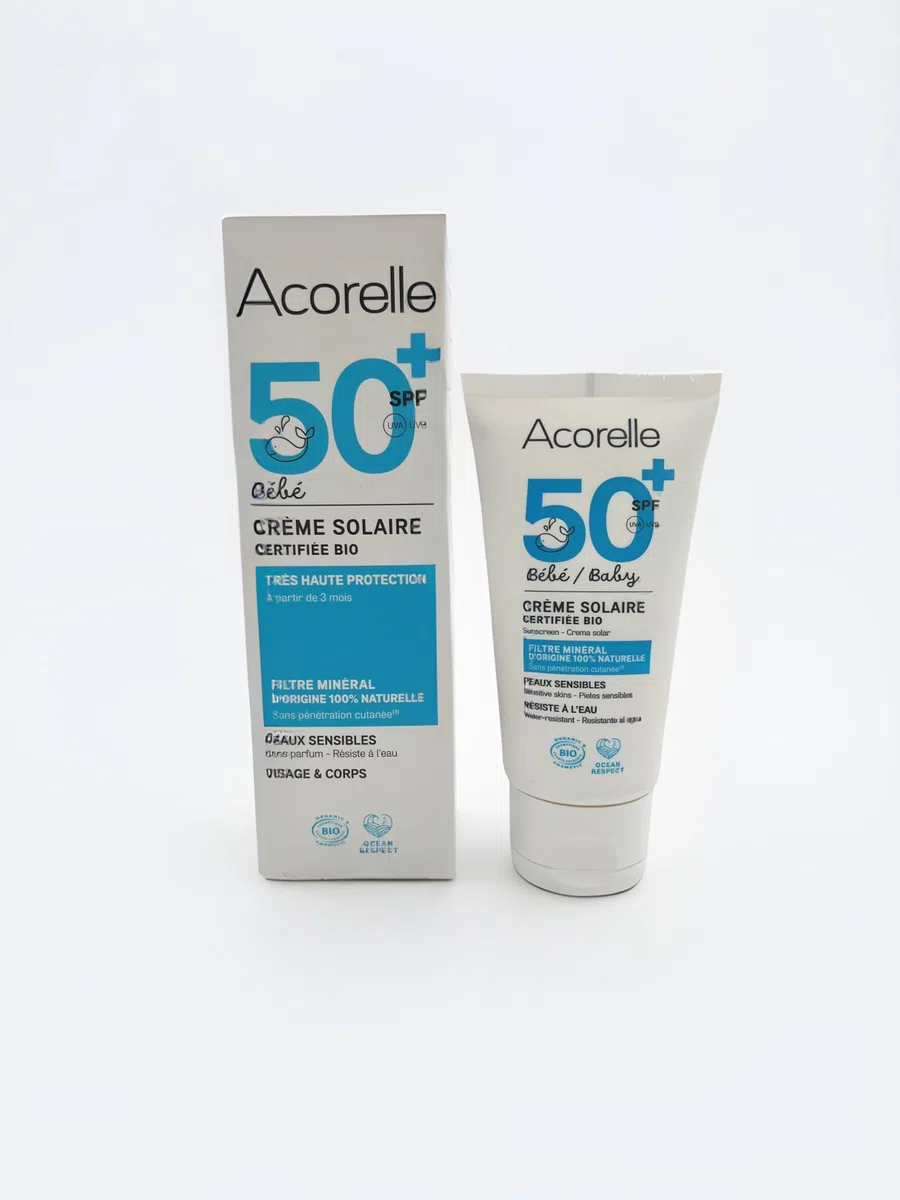 ACORELLE - Crema Solar Bebés SPF50+,50ml, Ecológica Certificada, Hipoalergénica, Fácil de Aplicar