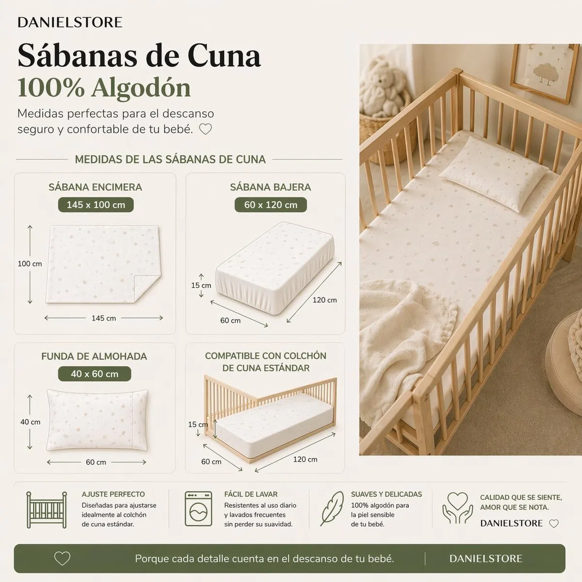 Danielstore Sabanas Cuna 60x120 100% Algodon Set 3 Piezas con Sabana Bajera Transpirable Ajustable Lavable + Funda Almohada Suave Pack para Descanso de Bebes y Recien Nacidos Volamos Baby Rosa