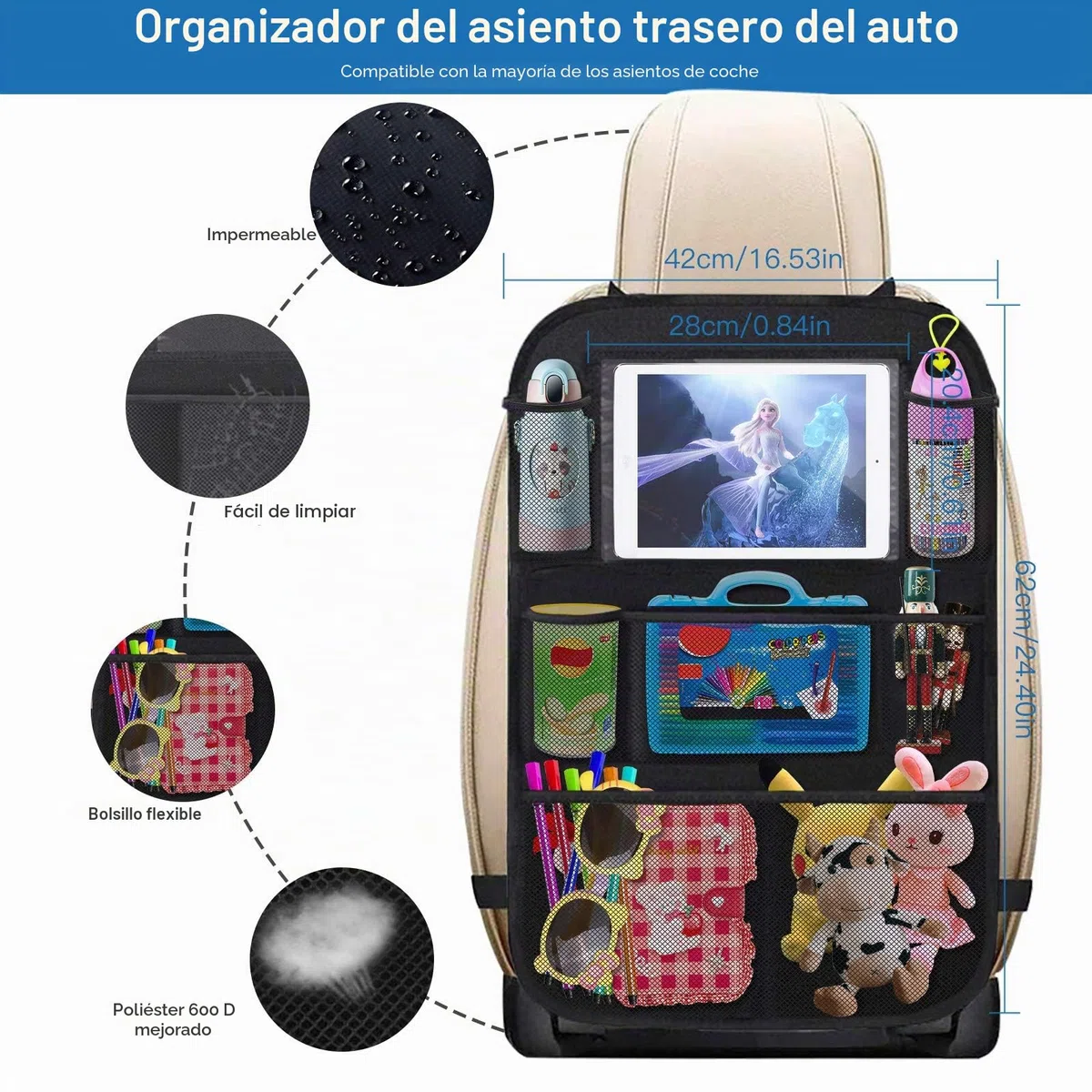 Organizador para Coche, 2 PCS Protector de Asiento Niños (8 Bolsillos), Impermeable Organizadores para Coche Kick Mat, Universal Multi-Bolsillo Protector Trasero con Sorporte para iPad Tablet