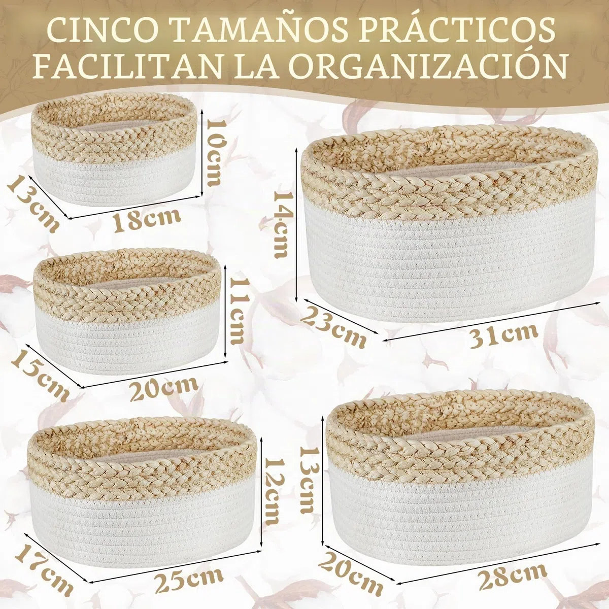 ENCOUN 5PCS Cestas Almacenaje de Cuerda de Algodón, Cesta Organizadora Bebe, Cestas Almacenaje Baño, Apilable Cestos Organizadores, Juego Cestas Organizadoras para Baño, Armarios, Salones, Juguetes