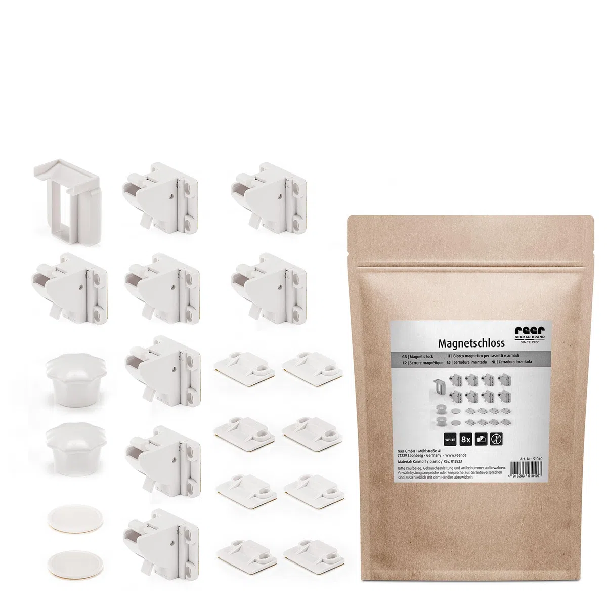 reer Cerradura magnética | 8 unidades en bolsa de papel | seguro magnético para niños | seguro para armarios y cajones para pegar | seguridad para bebés y niños | equipamiento inicial