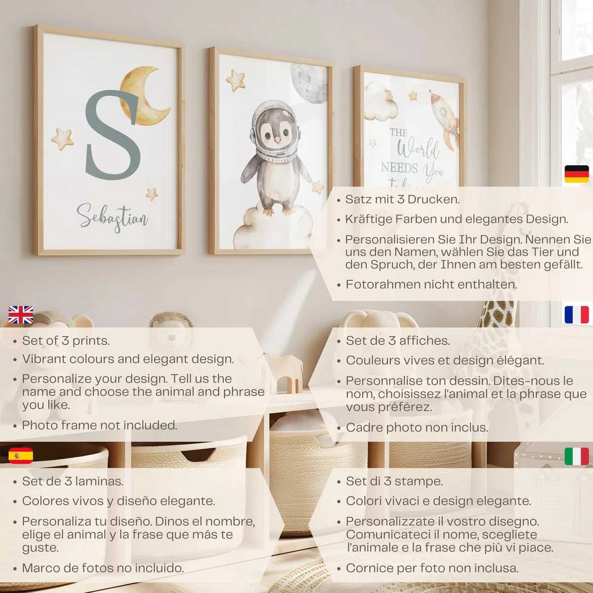 ayurvana: Set 3 Láminas Personalizadas con Nombre - Decoración Infantil | Cuadros estilo nórdico, láminas A3 personalizadas. Se envían SIN MARCO. Regalo ideal para nacimiento o baby shower original.