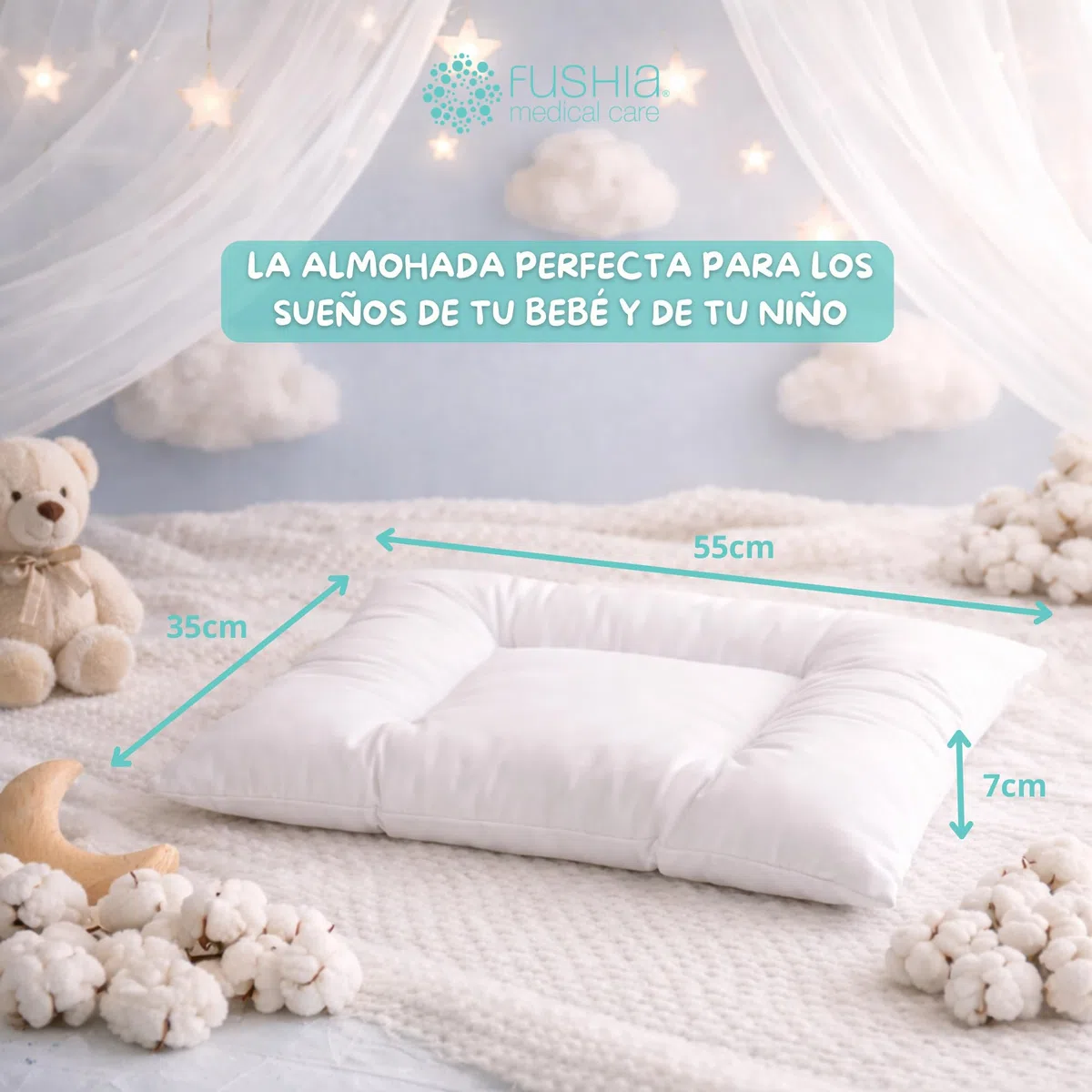 Almohada Bebé 1 Año y Niño, Primera Almohada Infantil, Hipoalergénica, Antiácaros y Transpirable, Funda 100% Algodón Suave y Lavable, Cojín Ergonómico para Cuna, 35x55 cm