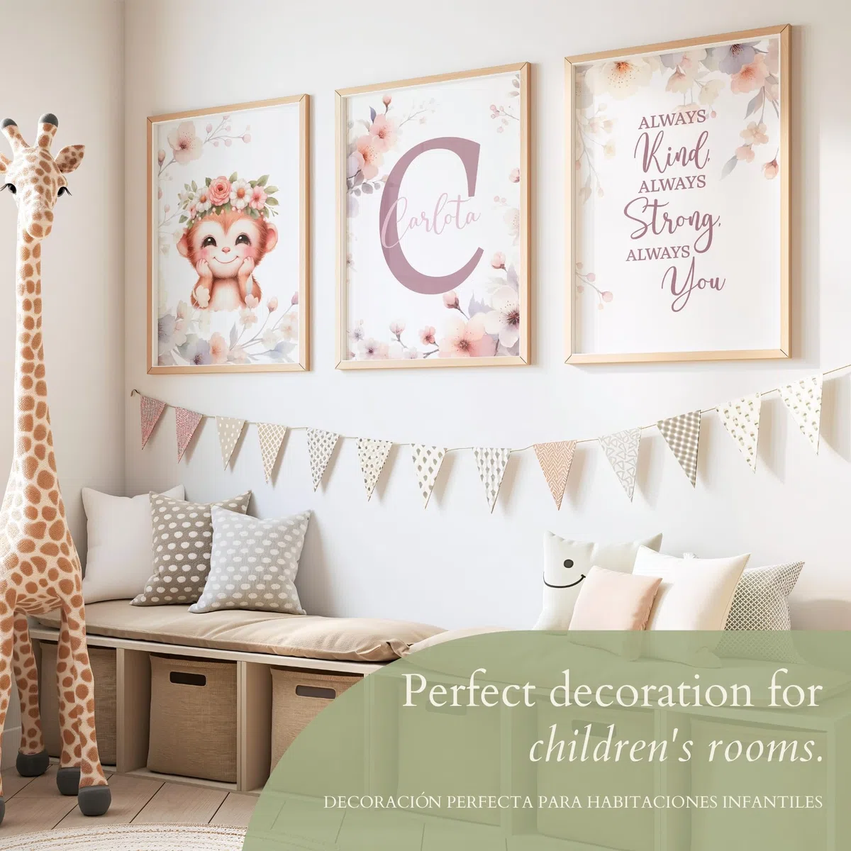 ayurvana Set 3 Láminas Infantiles Personalizadas Niña - Cuadros Animales Safari con Nombre e Inicial Flores - Decoración Habitación Bebé Regalo Nacimiento Bautizo Baby Shower (Sin Marco) A3