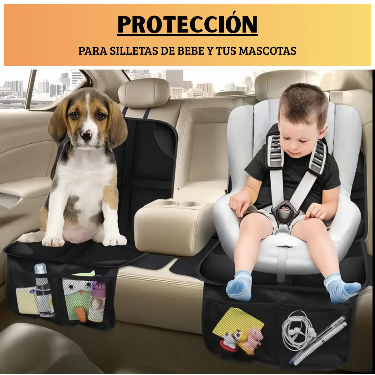 Set Protector Asiento Coche Silla Bebe ISOFIX + Organizador Coche, Protector Silla Coche para Bebe Y Mascotas, Protector Respaldo Y Organizador De Asiento Coche Niños con 10 Bolsillos