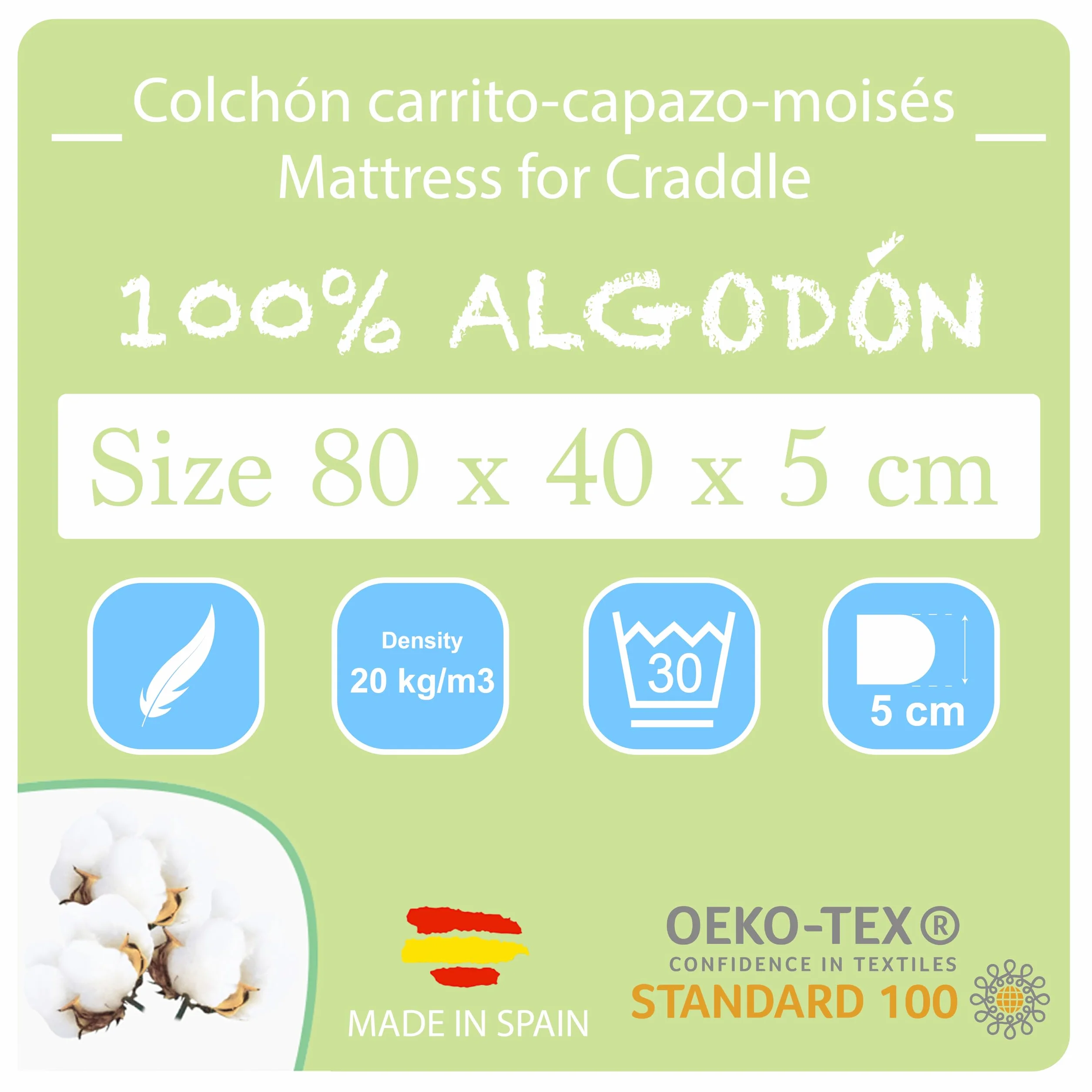 PEKITAS Colchón Ovalado Transpirable Capazo Moises Carrito 80x40x5 cm Funda 100% Algodón Lavable