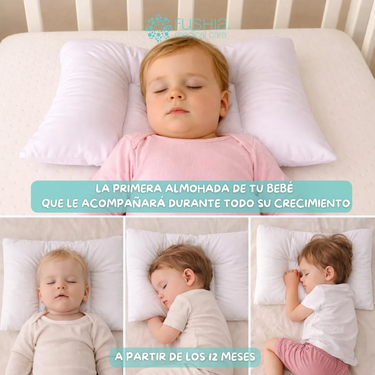 Almohada Bebé 1 Año y Niño, Primera Almohada Infantil, Hipoalergénica, Antiácaros y Transpirable, Funda 100% Algodón Suave y Lavable, Cojín Ergonómico para Cuna, 35x55 cm