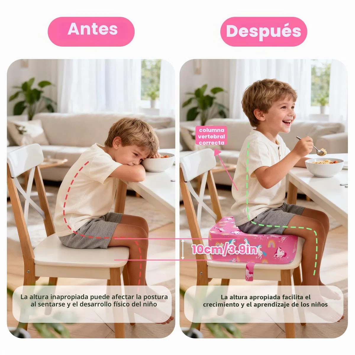 Alzador Elevador Silla para Niños Comer Lavable para Bebé, Base Antideslizante con 2 Correas Ajustables Asiento Elevador 32 x 32 x 32 cm - Unicornio