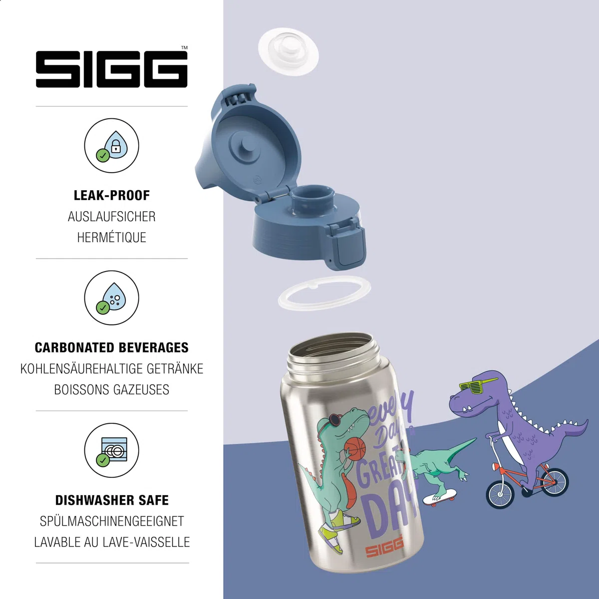 Sigg - Stainless Steel Kids Water Bottle - Shield Great Day - Suitable for Carbonated Beverages - Leakproof - Lightweight - BPA Free - Brushed with Dino - 0.5L