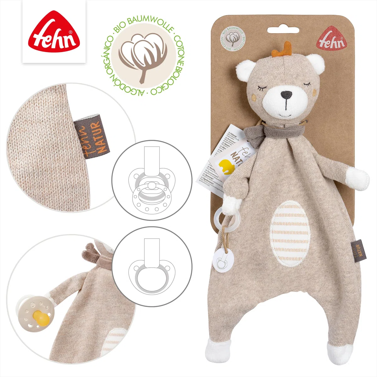 Fehn 052053 Schmusetuch Teddy fehnNATUR–Spielkamerad&Stofftier-Schnuffeltuch aus zertifizierter Bio-Baumwolle(KBA) aus nachwachsenden Rohstoffen mit Schnuller-Befestigung für Babys&Kleinkinder, Braun
