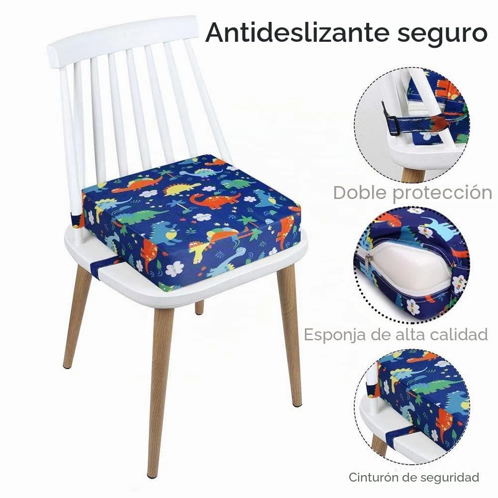 Asiento elevador para niños pequeños – PU lavable creciente cojín 4 correas hebilla de seguridad asiento elevador para mesa de comedor, viaje portátil (dinosaurio azul)