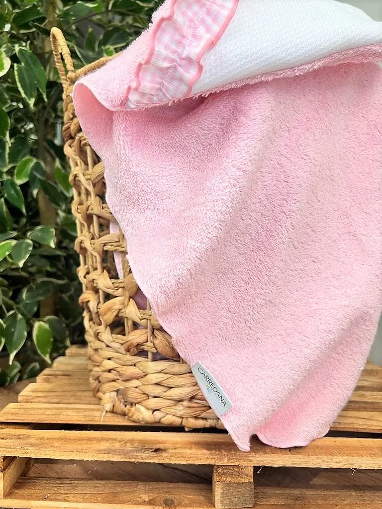 Capa de baño para Bebe 100% Algodon 75x75cm .Toalla de baño con Capucha suabe .Regalo recién Nacido. Multiusos.Personalizado con Nombre Bordado (Personalizado Vichy Rosa)
