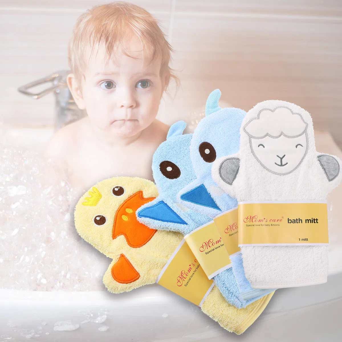 Shappy 4 Piezas Guantes de Baño de Bebé Guantes de Paño Diseñado en Bonito Estilo Animal Lindo Toalla de Algodón Exfoliante Suave de Oveja Panda Tiburón Pato Amarillo para Bebé Niños Baño y Ducha