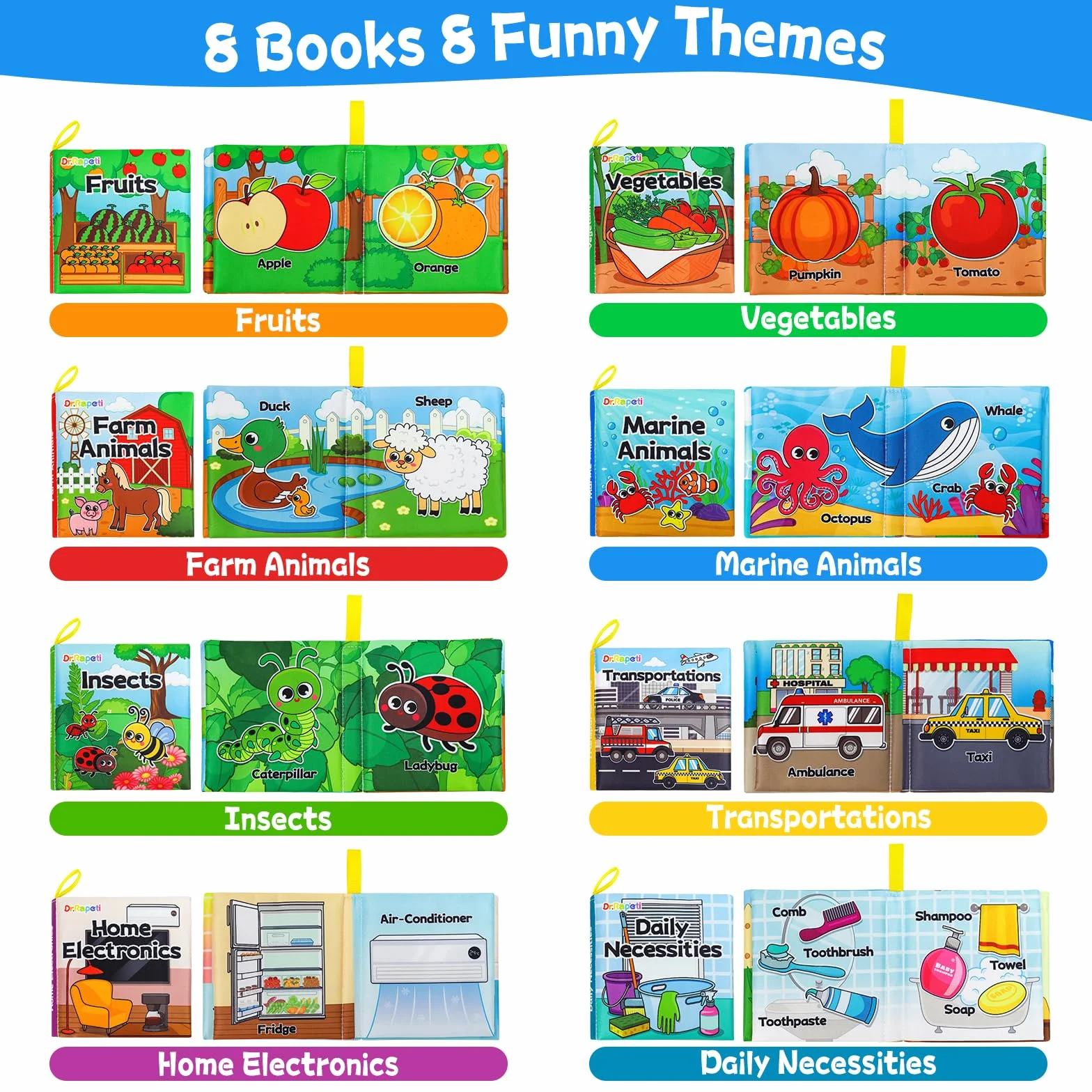 Dr.Rapeti 8 Piezas Libros Blandos para Bebé, Libro de Tela Suave, Libros de Tela Blandos para Bebé, Libros De Suave Sensoriales (Inglés)